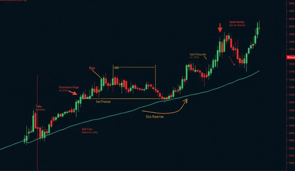 Forex swing trading chart with trendlines showing entry and exit points, educational style, labeled arrows, professional financial design.